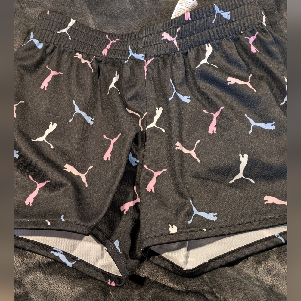Girl's Black Shorts with Multicolor Puma Logo Pattern Size 7